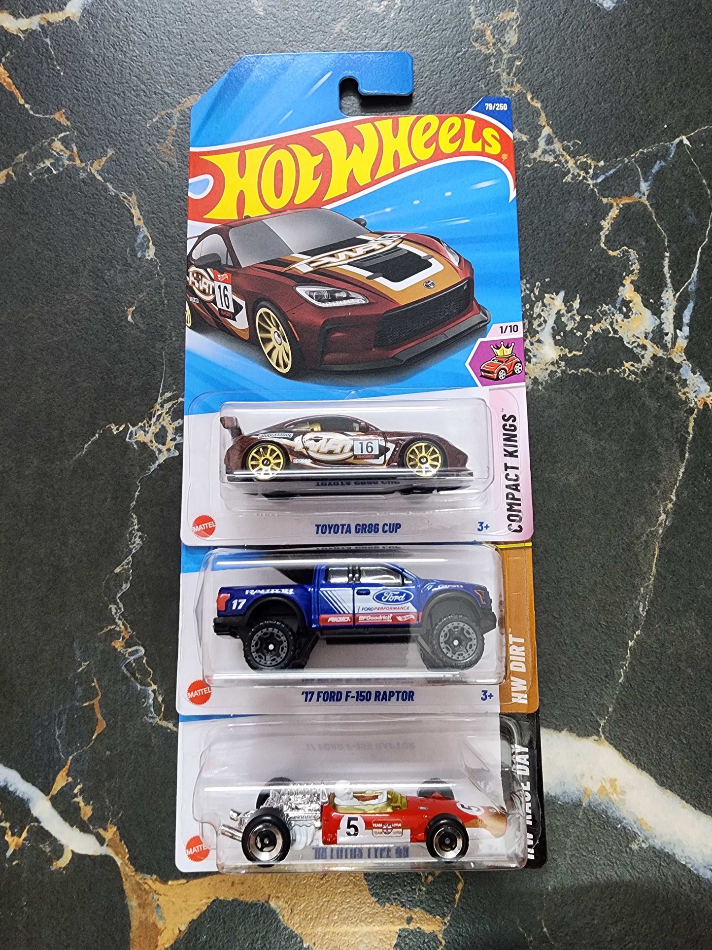 Hot Wheels Diverse Performance Trio: Toyota GR86 Cup, '17 F-150 Raptor, & '68 Lotus Type 49 (3-Car Set -17)