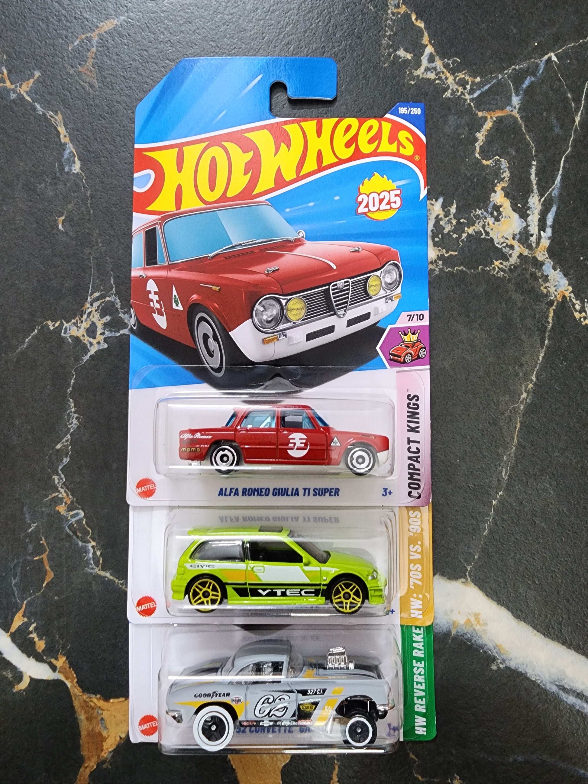 Hot Wheels Eclectic Speed Trio: Alfa Romeo Giulia TI Super, '90 Honda Civic EF, & '62 Corvette Gasser (3-Car Set - 19)