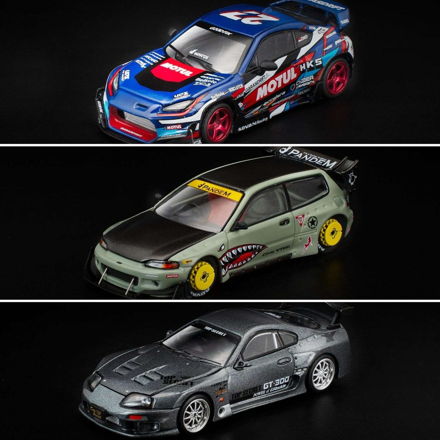 POP RACE SUPRA GT300 TOP SECRET (PR64-022) / PANDEM CIVIC EG6 SHARKMOUTH (PR64-383) / PANDEM BRZ GARASI DRIFT "BRZIKO" (PR64-363)-Signed | Bundle of 3 | 2025 Indonesia Diecast Expo (IDE-XII)