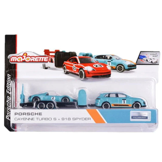 Majorette Porsche Cayenne Turbo S E-Hybrid with Porsche 918 Spyder - Race Trailer Set - Zoomsters India