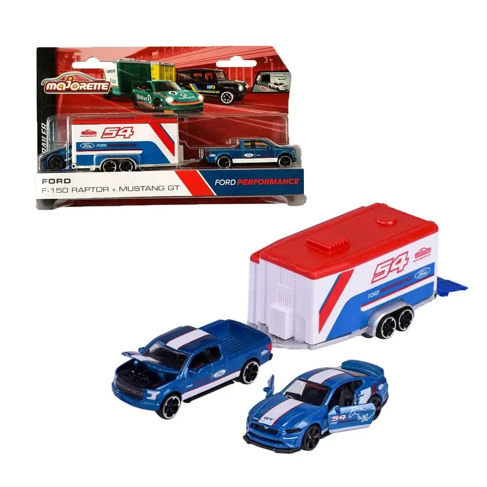 Majorette Race Trailer – Ford F-150 Raptor + Mustang GT Diecast Model